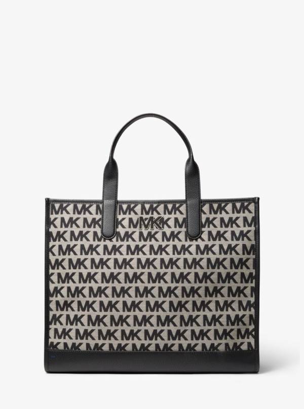 Damske Prenosná Taška Michael Kors Hudson Logo Jacquard Béžové Čierne - Kabelky Michael Kors Outlet | JSGAL-0451
